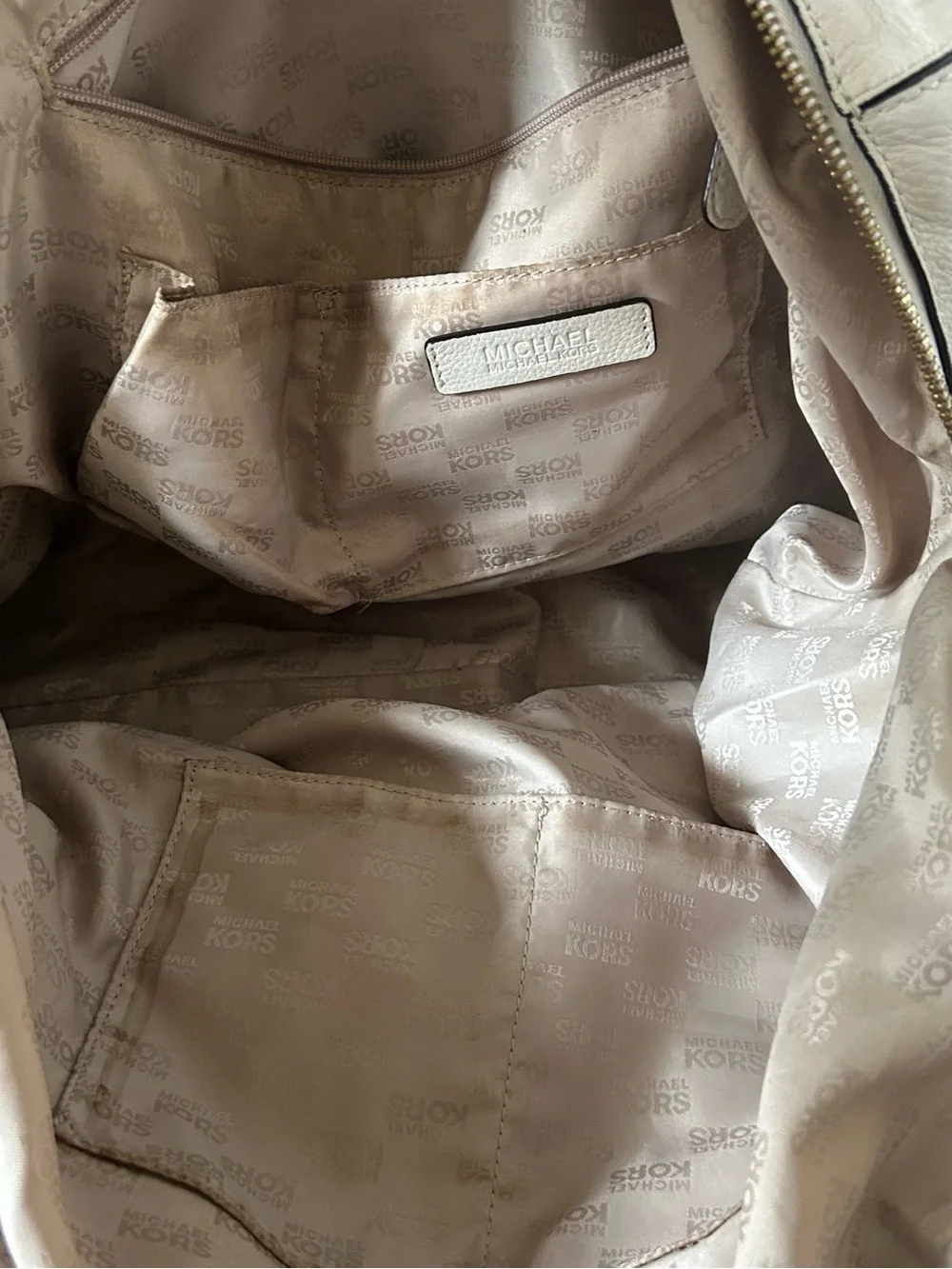 Michael Kors Cream Pebbled Leather Tote with Gold Plaque